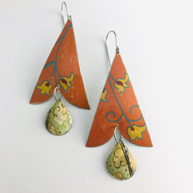 Pumpkin and Yellow Flowers Vintage Tin Arrowhead Earrings