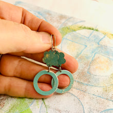Load image into Gallery viewer, Soft Aqua Upcycled Flower and Ring Tin Earrings