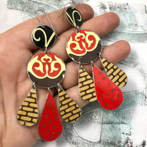 Dashed Brown & Red Dots Tin Chandelier Earrings