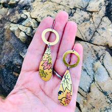 Load image into Gallery viewer, Fall Leaves and Golden Rings Upcycled Teardrop Tin Earrings