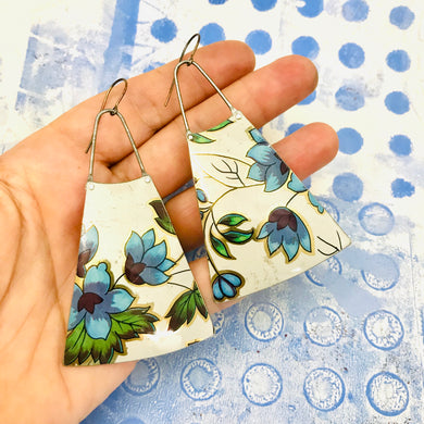 Beautiful Blue Vintage Flowers Upcycled Tin Long Fans Earrings