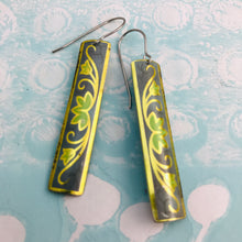 Load image into Gallery viewer, Vintage Gold &amp; Green on Denim Narrow Rectangle Tin Earrings