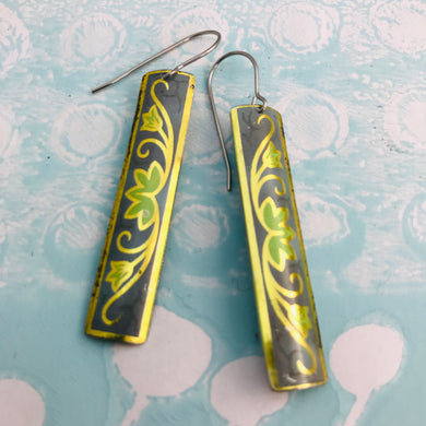 Vintage Gold & Green on Denim Narrow Rectangle Tin Earrings