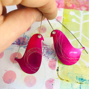 Shimmery Bright Pink Spirograph Birds on a Wire Upcycled Tin Earrings