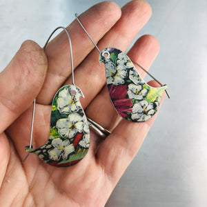 White Flowers Birds on a Wire Upcycled Tin Earrings