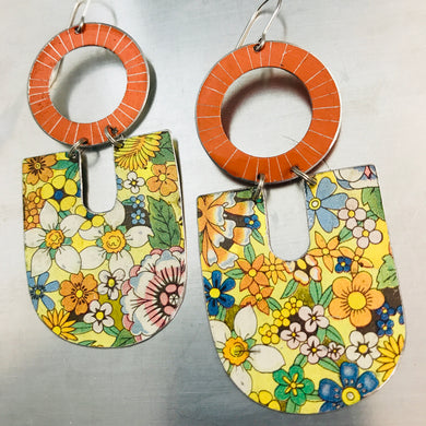 Shimmery Pumpkin & Allover Flowers Chunky Horseshoes Zero Waste Tin Earrings