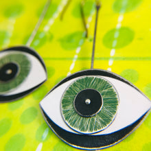 Load image into Gallery viewer, Protective Green Eye Upcycled Tin Earrings
