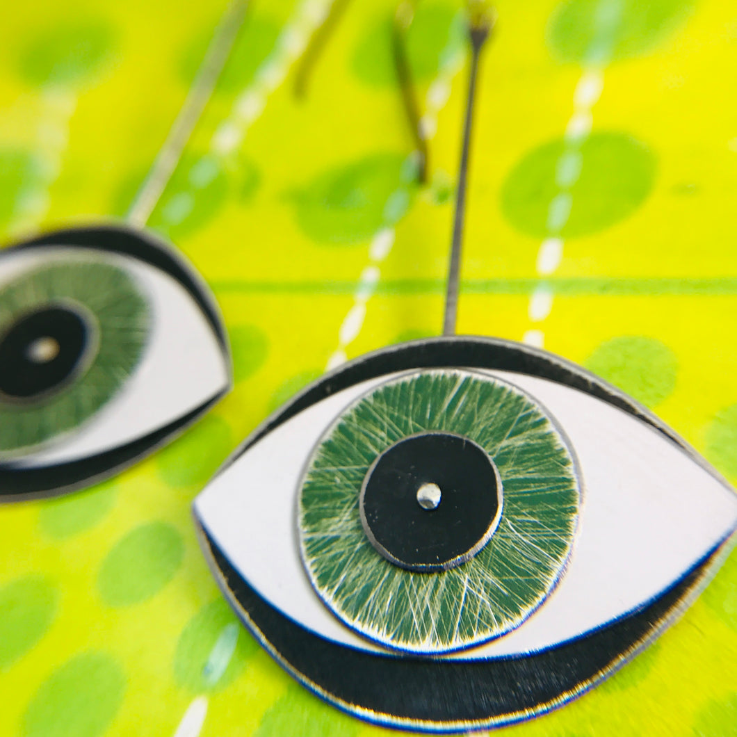 Protective Green Eye Upcycled Tin Earrings