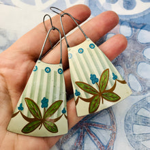 Load image into Gallery viewer, Teal Dots &amp; Leaves Upcycled Tin Long Fans Earrings