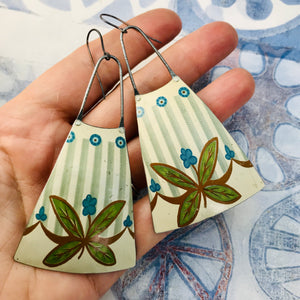Teal Dots & Leaves Upcycled Tin Long Fans Earrings