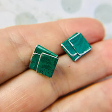 Load image into Gallery viewer, Emerald Green Folded Square Upcycled Tin Post Earrings