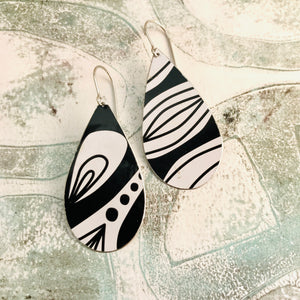 Black and White Doodle Upcycled Teardrop Tin Earrings
