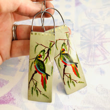 Load image into Gallery viewer, Vintage Green Parrot Long Narrow Tin Earrings