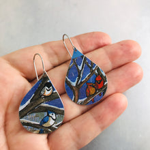 Load image into Gallery viewer, Winter Birds Upcycled Teardrop Tin Earrings