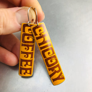 Cafe Coffee Typography Upcycled Tin Earrings by Christine Terrell for adaptive reuse jewelry