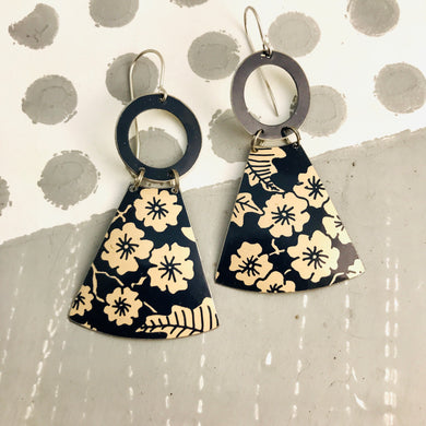 Midnight Blue & Ecru Tiny Flowers Small Fans Tin Earrings