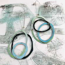 Load image into Gallery viewer, Pale Green, Midnight and &amp; Sky Scribbles Upcycled Tin Earrings