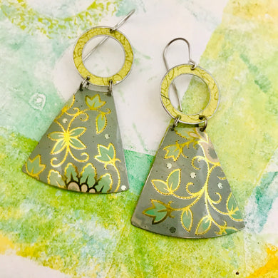 Spring Green Leaves on Muted Blue Small Fans Tin Earrings