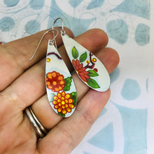 Load image into Gallery viewer, Vintage Bright Blossoms Upcycled Narrow Teardrop Tin Earrings