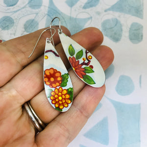Vintage Bright Blossoms Upcycled Narrow Teardrop Tin Earrings