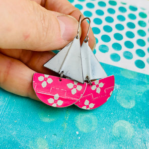 Pale Mint Flowers on Cerise Upcycled Tin Sailboat Earrings