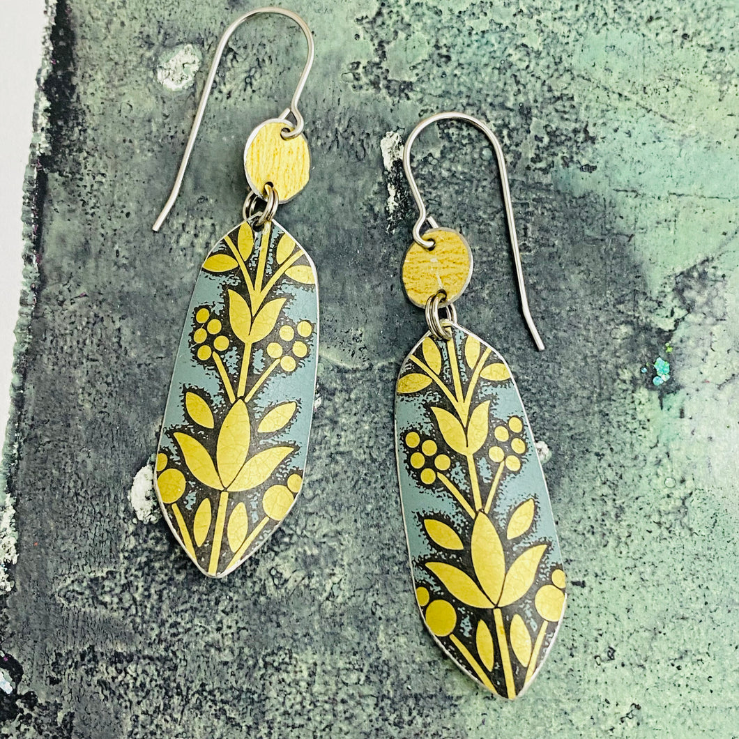 Golden Flowers on Washed Denim Upcycled Tin Earrings