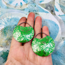 Load image into Gallery viewer, Mirrored Golden Bamboo Leaves Circles Upcycled Tin Earrings