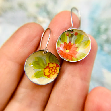 Little Yellow & Scarlet Flowers Tiny Dot Upcycled Tin Earrings