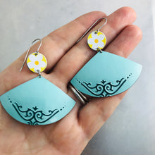 Load image into Gallery viewer, Yellow Flowers &amp; Aqua Fans Upcycled Tin Earrings