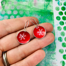 Load image into Gallery viewer, Tiny Snowflakes on Red Tiny Dot Tin Earrings