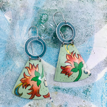 Load image into Gallery viewer, Pink Flowers on Seafoam Small Fans Tin Earrings