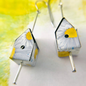 White Daisies Tiny Tin Birdhouse Earrings