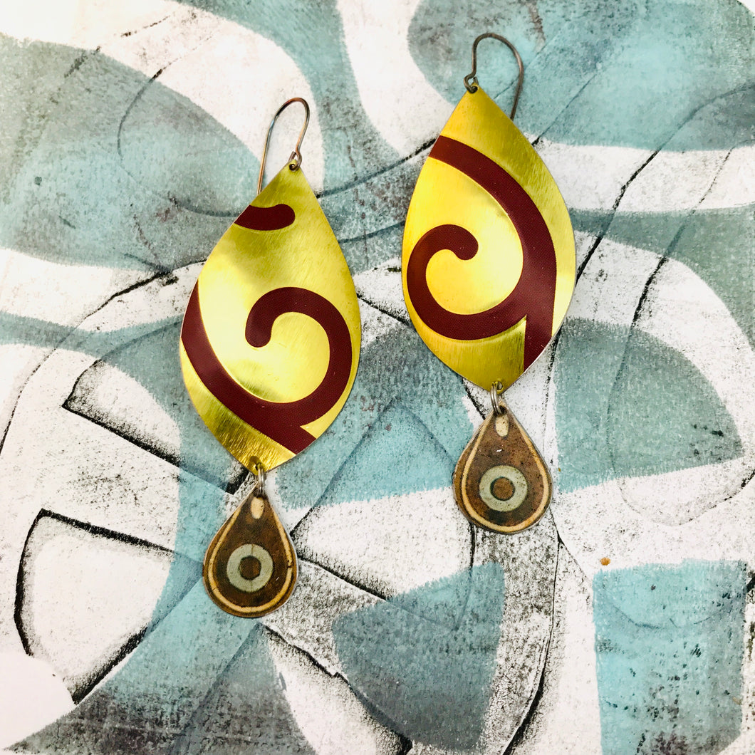 Maroon Spiral in Gold Upcycled Long Pod Tin Earrings