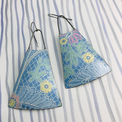 White Lace Over True Blue Upcycled Vintage Tin Earrings