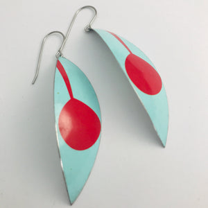 Mod Aqua & Red Leaves Upcycled Tin Earrings