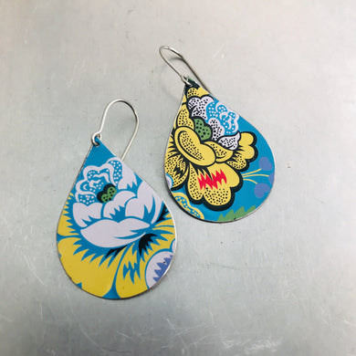 Stylized Flowers on Bright Blue Upcycled Teardrop Tin Earrings