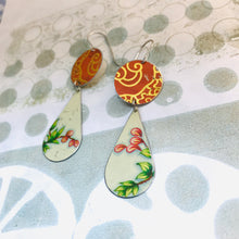Load image into Gallery viewer, Orange Filigree &amp; Pink Blossoms Teardrops Upcycled Teardrop Tin Earrings