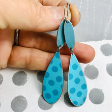 Load image into Gallery viewer, Dotty Blue Upcycled Teardrop Tin Earrings
