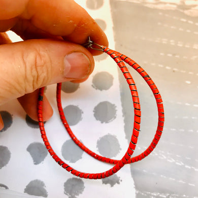 Spiraled Tin Big Warm Red Hoop Earrings