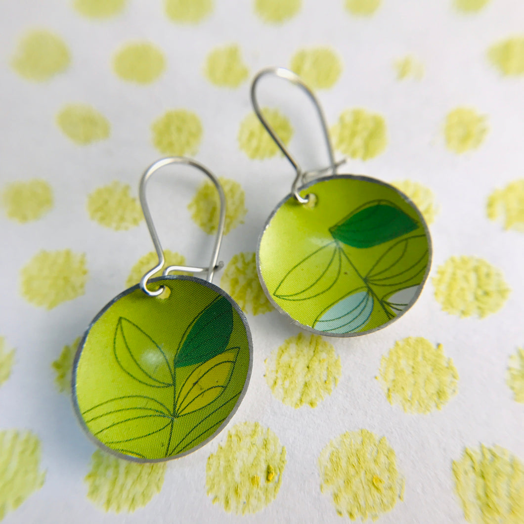 Mod Leaves on Spring Green Upcycled Tiny Dot Earrings