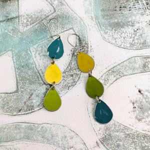 Teal, Goldenrod & Olive Tri-Teardrop Upcycled Tin Earrings