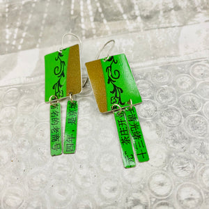 Bright Green Kanji Windows Upcycled Tin Earrings