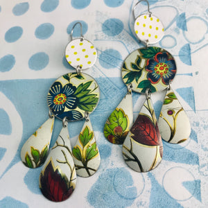 Green Leaves & Flowers in White Zero Waste Tin Chandelier Earrings