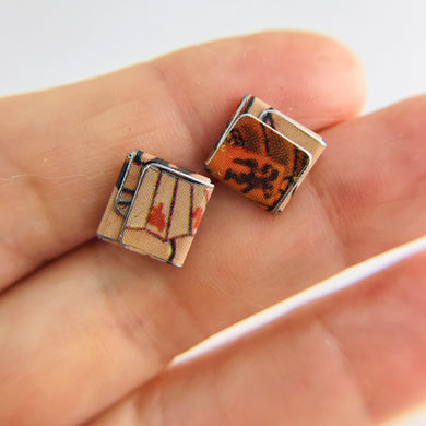 Japanese Kanji Folded Square Upcycled Tin Post Earrings