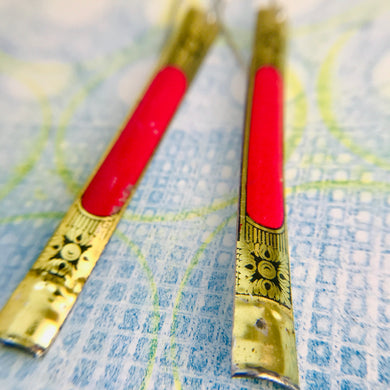 Deep Pink on Gold with Geometric Detail Long Narrow Tin Earrings
