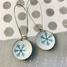 Load image into Gallery viewer, Teal Snowflake on White Large Basin Tin Earrings