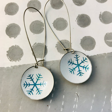 Teal Snowflake on White Large Basin Tin Earrings