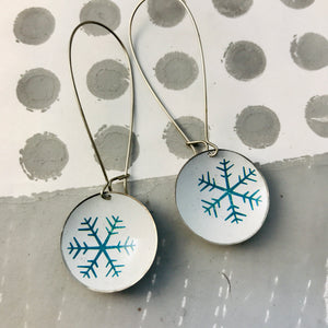Teal Snowflake on White Large Basin Tin Earrings