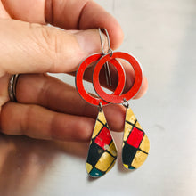 Load image into Gallery viewer, Bright Red Ring &amp; Vintage Tiles Tin Long Teardrops Earrings