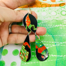 Load image into Gallery viewer, Bright Green &amp; Scarlet on Midnight Blue Long Teardrops Tin Earrings